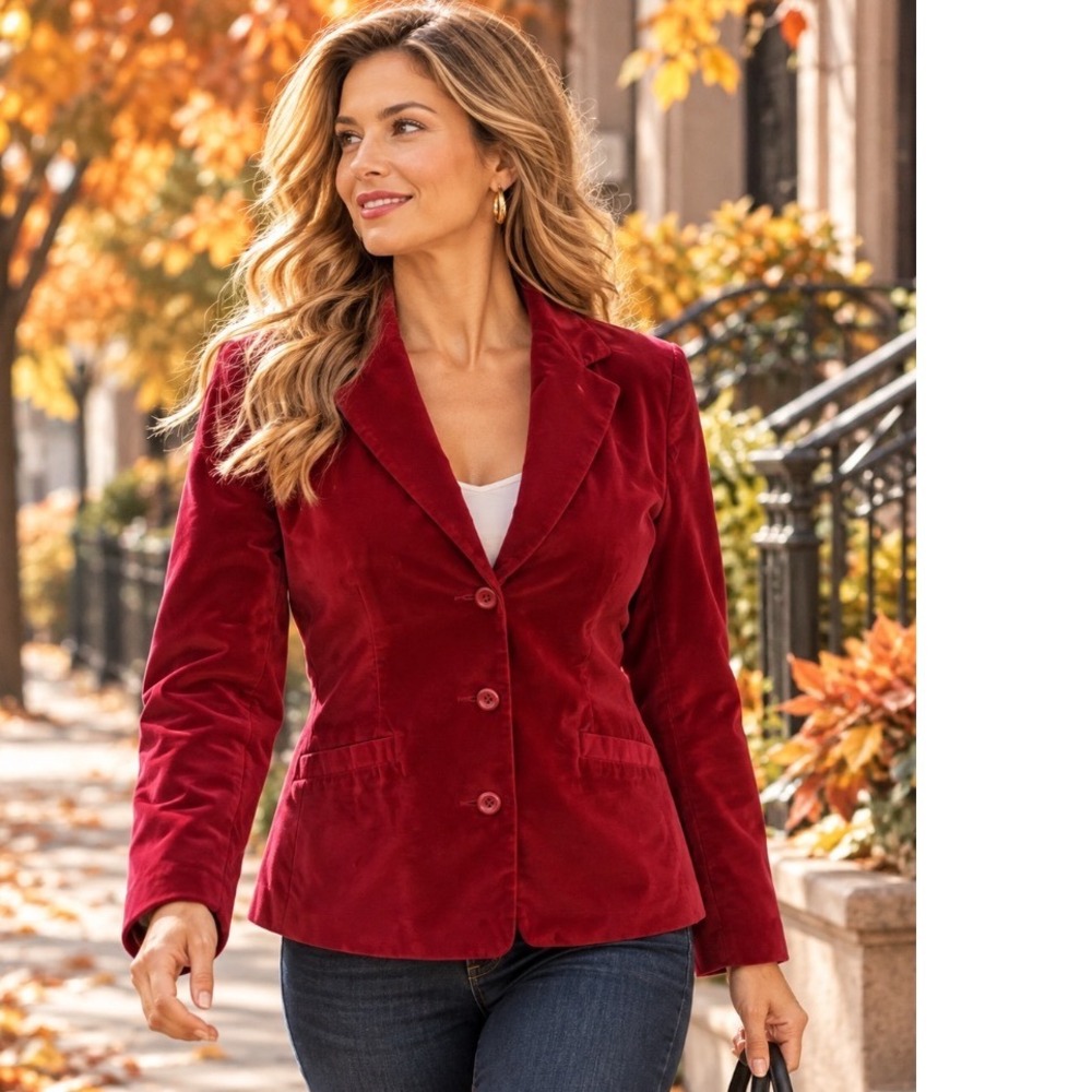 LL Bean Womens Red Velvet Blazer Jacket Size 8 Regular 3-Button Tailored Lined